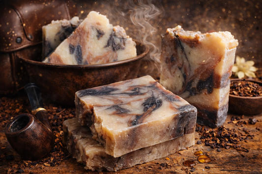 LEATHER & TOBACCO FLOWER BAR SOAP - with Black Fango & Red Rhassoul Clays