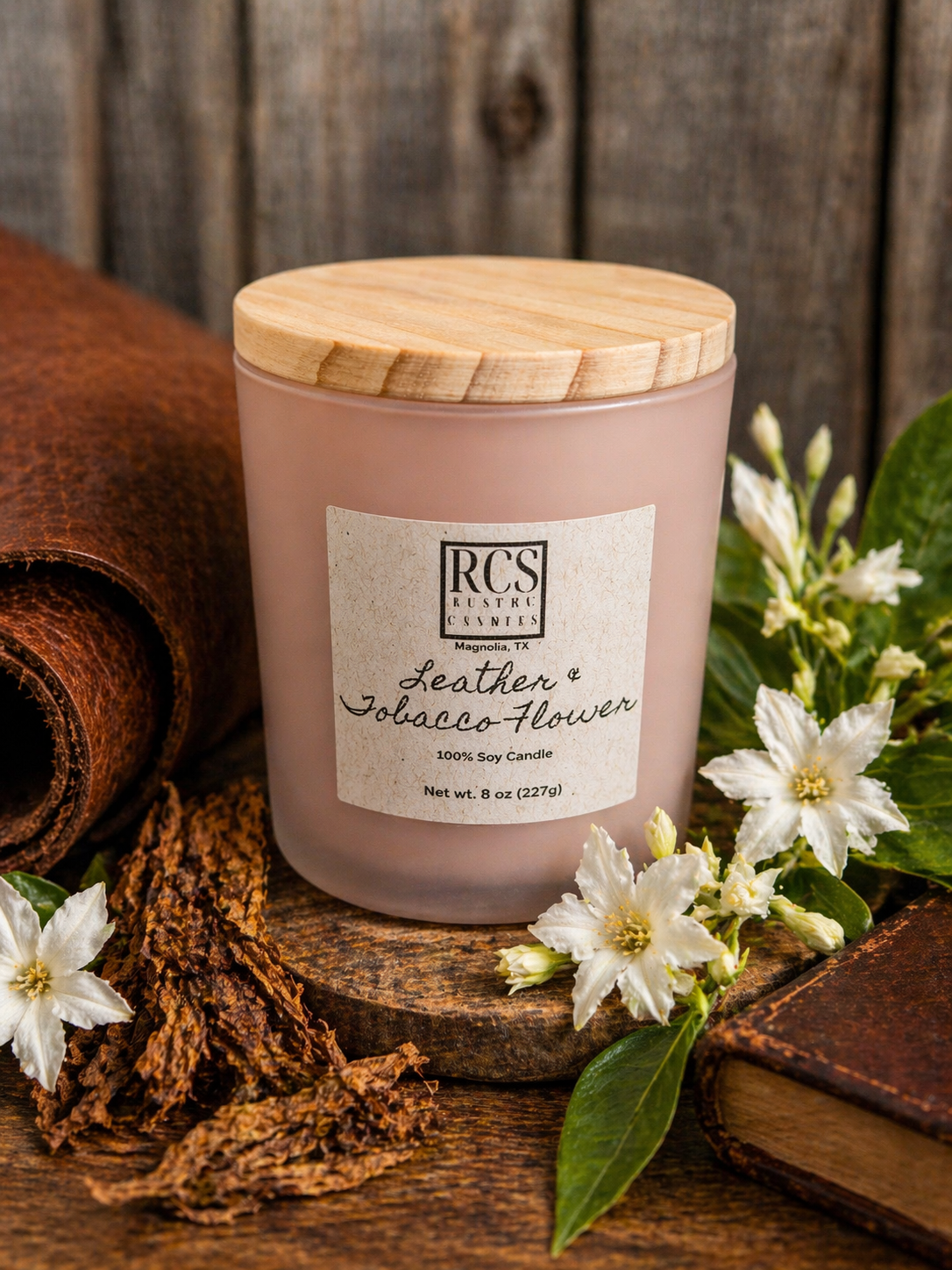 Leather & Tobacco Flower Soy Candle 8 oz
